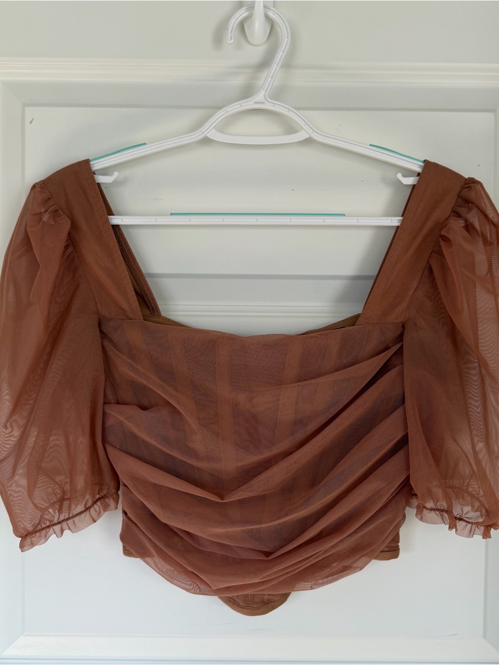 Misguided Sheer Ruched Puff-Sleeve Crop Top - Brown